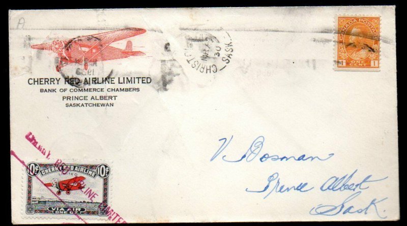 Canada: 1930 Cherry Red Airline 10c + KGV 1c. cover to Prince Albert, Sask.