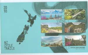 New Zealand 2770-75 2018 bicycle trails set of six on an unaddressed cacheted FDC