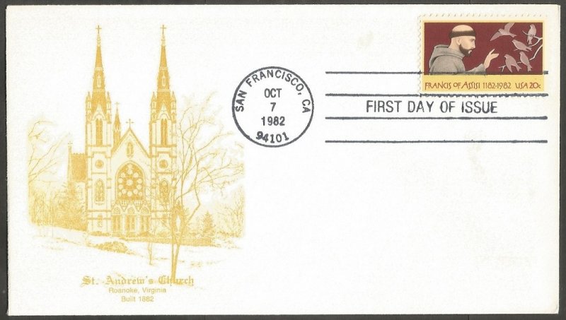 US FDC.1982 FRANCIS OF ASSISI 20C STAMP #2023,FIRST DAY OF ISSUE COVER