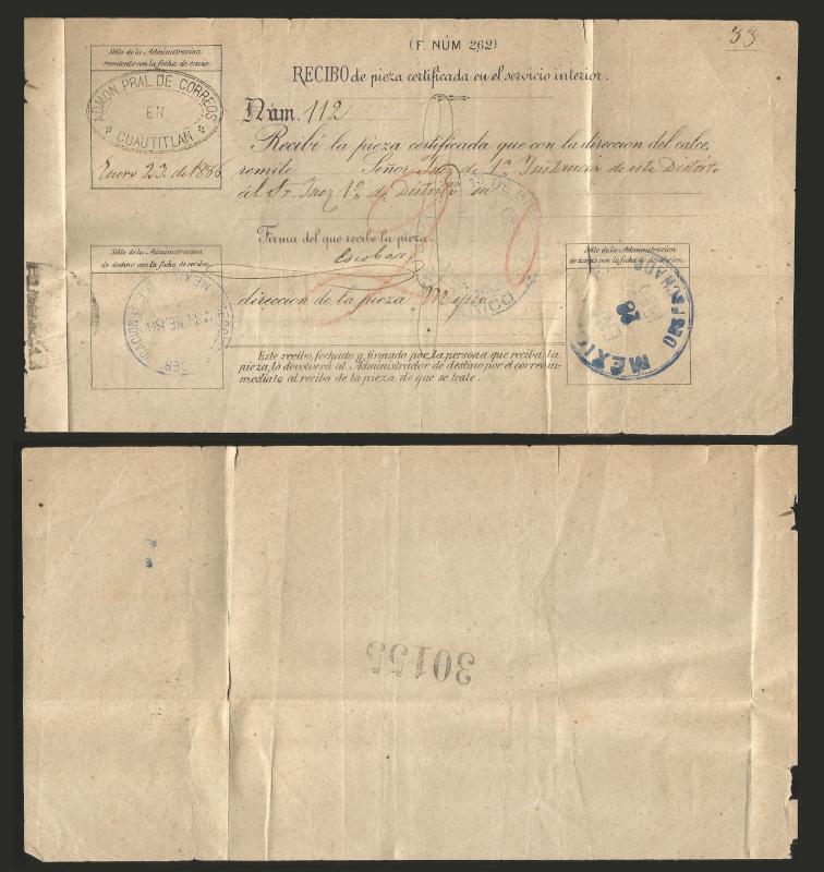 RG)1886 MEXICO, CUAUTITLAN OVAL CANC.,  REGISTRATION, RECEIPT 112, MEXICO