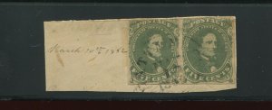 Confederate States 1 Jefferson Davis Used Pair of 2 Stamps on Piece (CSA 1-A4)