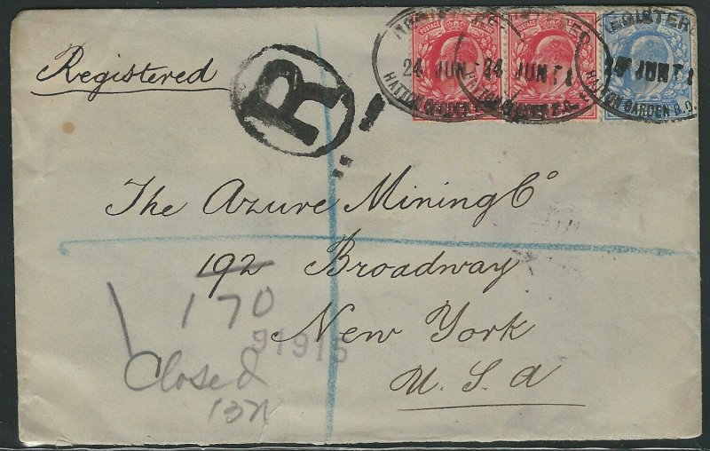 Great Britain 1902 Registered Cover, London to New York City, 6 Postal Markings