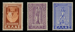 Greece #520-522 Cat$200, 1950 2,000d-10,000d, set of three, never hinged