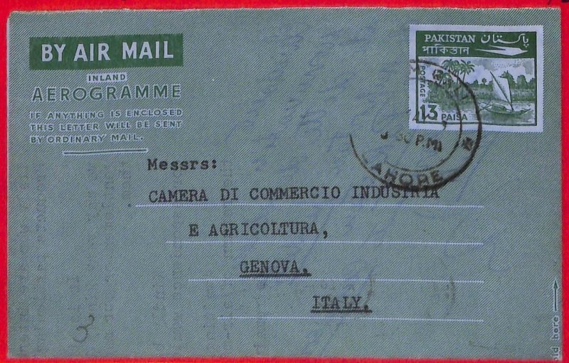 aa5157 - PAKISTAN - Postal History - STATIONERY Aerogramme KESSLER #19 to ITALY