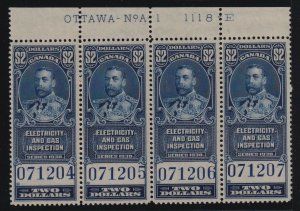 Canada VD #FEG9 (1930) $2 blue King George V Electricity Revenue Plate Block NH 