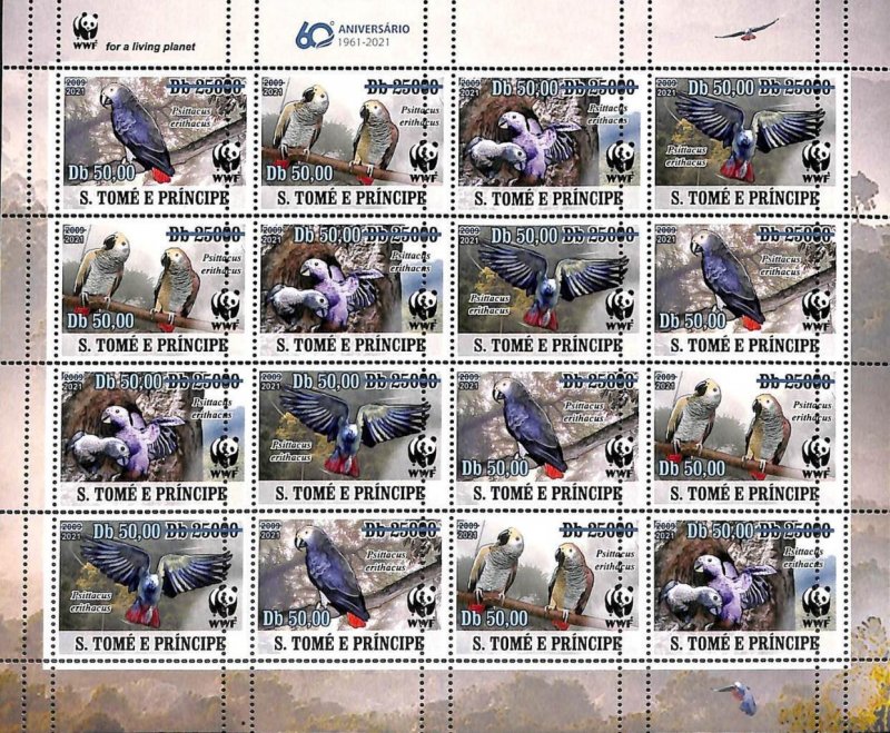 A9227 - S.TOME AND PRINCE - MISPERF ERROR Stamp Sheet - 2021 - BIRDS, WWF-