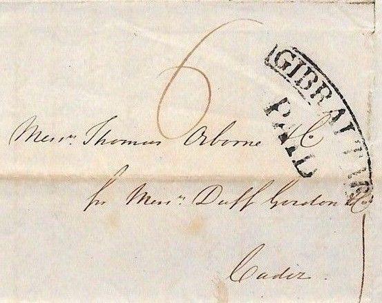 AF83 1838 GIBRALTAR Curved PAID Postmark Historic Letter LORD RAGLAN Cadiz WINE