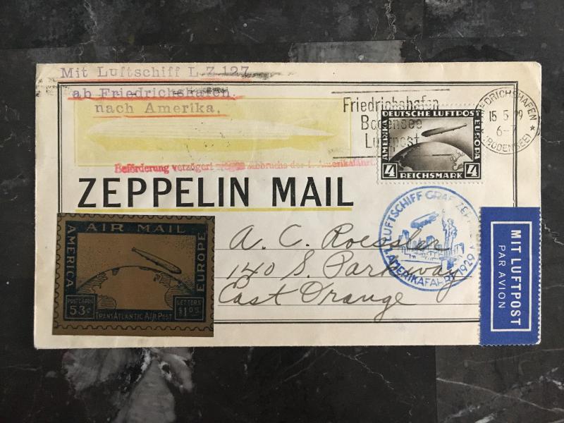 1929 Germany Graf Zeppelin LZ 127 Cover to USA Roessler 1st North America Flight