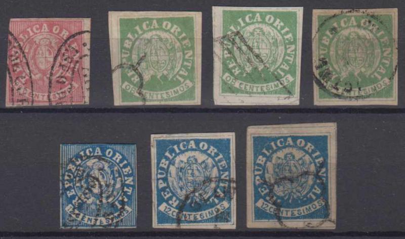 URUGUAY 1864 COAT OF ARMS Sc 18, 21 & 23 GROUP OF 7 FORGERIES USED (CV$123)