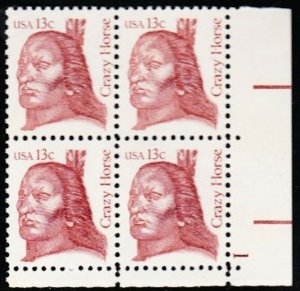 1982 Crazy Horse Plate Block of 4 13c Postage Stamps, Sc# 1855, MNH, OG