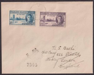 FALKLAND ISLANDS - 1946 REGISTERED ENVELOPE TO ENGLAND WITH KGVI VICTORY STAMPS