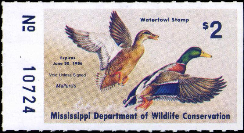 MISSISSIPPI #10A 1985  STATE DUCK MALLARDS NO SILVER BAR by Lotti Fulton