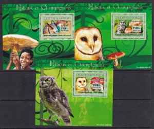 Guinea 2007 Mushrooms Owls 3 S/Sheets Deluxe Edition MNH