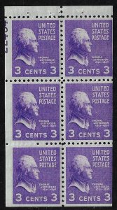 US. Sc 807a. MNH. Booklet pane.  Miscut with partial #.  EFO.