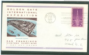 US 852 1939 3c Golden Gate International Expo (single) on an addressed FD Cover with Fidelity Cachet