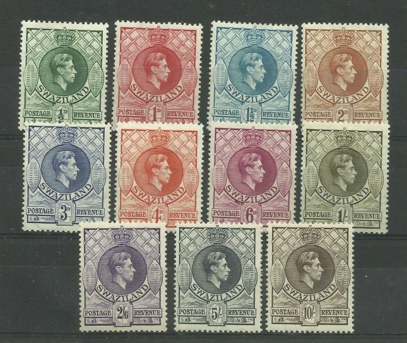 SWAZILAND GVI 1938 Set of 11, perf 13.5x13, Sg 28-38 Mounted Mint. ( Box 5-9} 