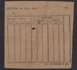 CSA POSTMASTER TALLY SHEET: 1864 Macon Miss E Jackson PM, SCARCE ITEM.