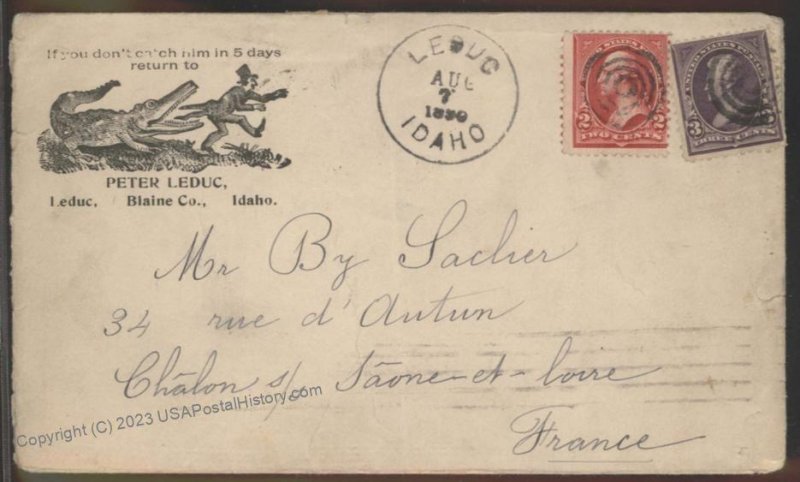 USA 1899 LEDUC Blain Co Idaho Alligator Cover to FRANCE R6 Illustrated 110405