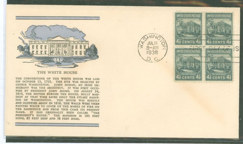 US 809 1938 4.5c White House bl of 4 on an unaddressed FDC (part of the Presidential/Prexy series) with a Linprint cachet