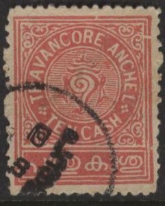 India: Travancore 23 (used) 10c conch shell, rose (1921)