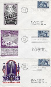 1945 FDC, #938, 3c Texas Statehood, 3 different cachets