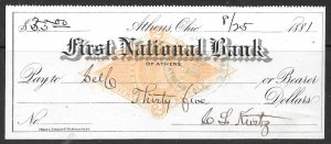 US 1881 2c Liberty Revenue Stamped Paper First National Bank ATHENS OHIO RN-G1