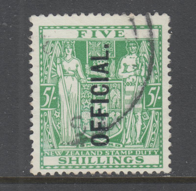 New Zealand Sc O57 used. 1933 5sh green Coat-of-Arms Postal Fiscal, sound.