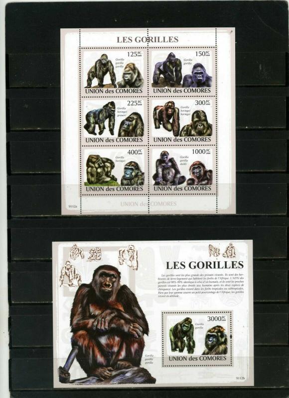 COMOROS 2009 FAUNA GORILLAS SHEET OF 6 STAMPS & S/S MNH 