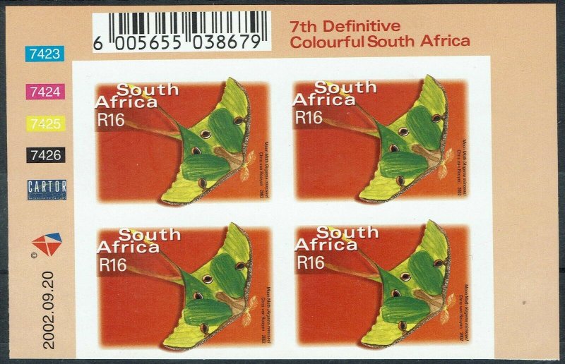 SOUTH AFRICA 2002 BUTTERFLY R16 IMPERF CONTROL  BLOCK MNH **