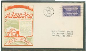 US 800 1937 3c Alaska, Part of The U S Possession Series, on an addressed, typed, FDC with a Washington Stamp Exchange Cachet
