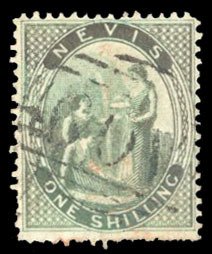 Nevis #17 Cat$125, 1876 1sh gray green, used, few short perfs