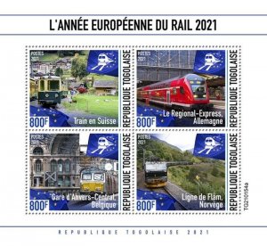 Togo - 2021 European Year of Rail - 4 Stamp Sheet - TG210154a