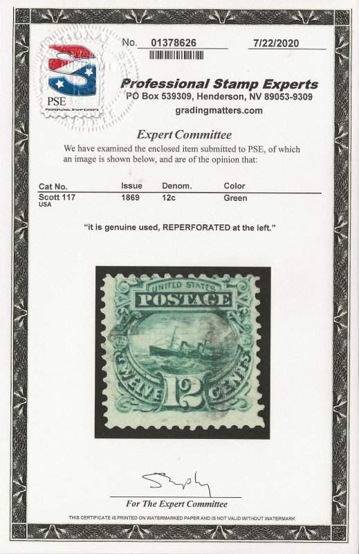 US #117 USED 12 Cent Adriatic 1869 with PSE Cert