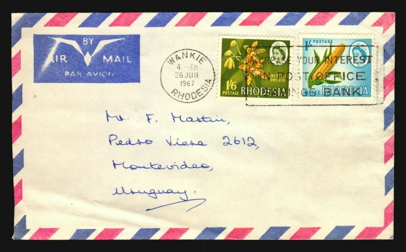 1968 scarce destiny air mail cover Rhodesia to Uruguay corn orchid flower