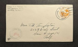 1945 WWII US Navy Staff Commander 7th Fleets Censored Airmail Cover to CA