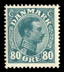 Denmark #126 Cat$90, 1915 80o blue green, never hinged