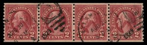 United States #599A Used  very fine  strip of 4 Cat$120 1929, 2¢ Washington,...