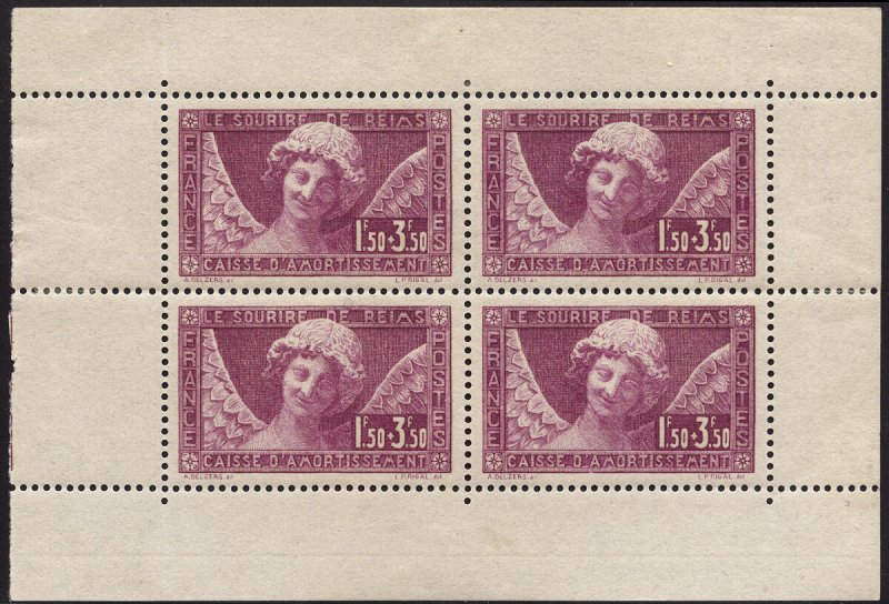 France Scott B34a booklet pane mint OG. Stamps NH, hinged in selvage only