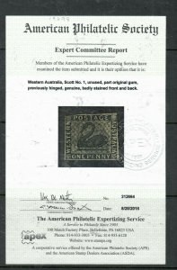 WESTERN AUSTRALIA (PP2112B) Q1D SWAN SG1 APS CERT STAINED MOG ANTIQUE OVER 100  