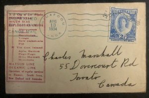 1934 Niuafoou Tonga Toga Tin Can Canoe Mail Cover to Toronto Canada