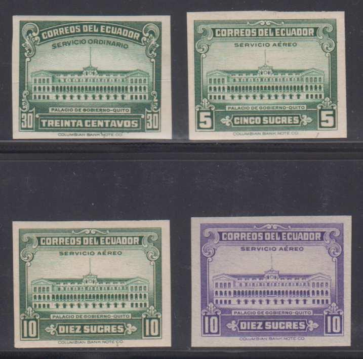 ECUADOR 1944-50 Sc 439, C129-C130 & C221 IMPERF ESSAYS ISSUED/UNISSUED COLORS NH 