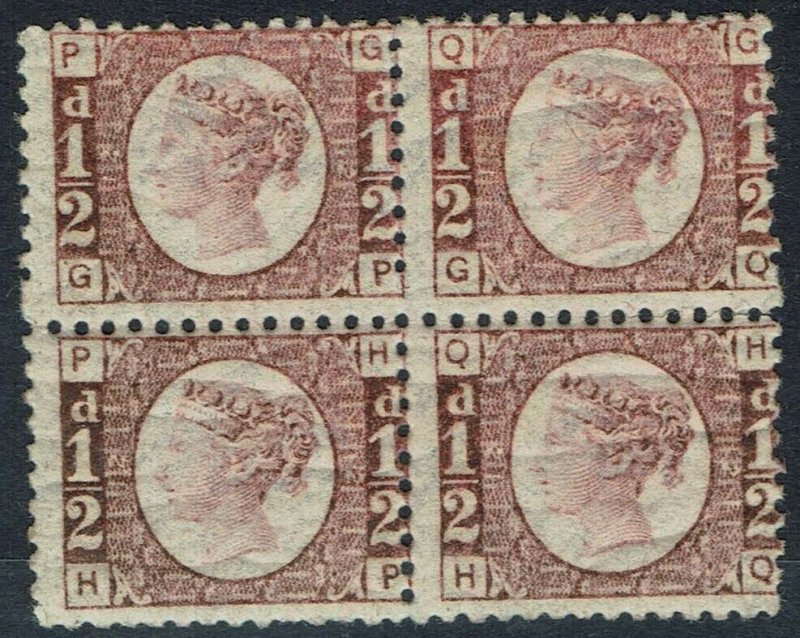 GREAT BRITAIN 1870 QV 1/2D PLATE 12 BLOCK */**