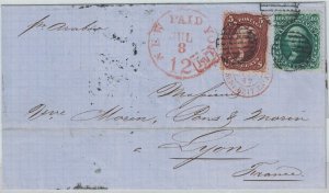 US Scott #75 and #68 5c Red Brown and 10c Green on 1862 cover to France from NY