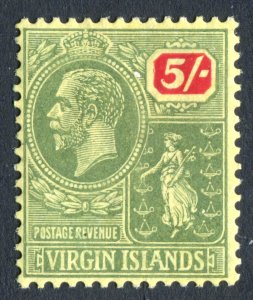 British Virgin Is BVI 1922 KGV. 5s green & red/pale yell. Mint H. MCCA. SG85.