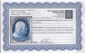 Certified US #21 1c Blue Franklin Type III  MINT NO GUM SCV $6000. Doporto Cert