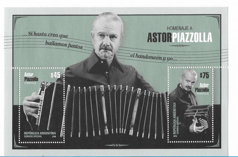 ARGENTINA 2018 - ASTOR PIAZOLLA TANGO MUSICIAN BANDONEON SOUVENIR SHEET