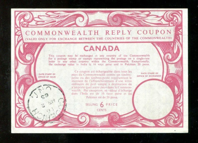 d334 - Canada Commonwealth 6c Reply Coupon. 1963 Goderich CDS