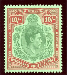 Nyasaland 1938 KGVI 10s emerald & deep red/pale green (CH) MLH. SG 142. Sc 66. 