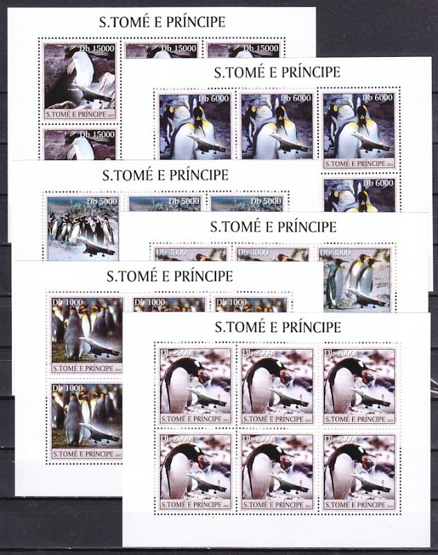 S. Thomas, Scott cat.1483 A-F. Penguins & Concorde, 6 sheets of 6. ^