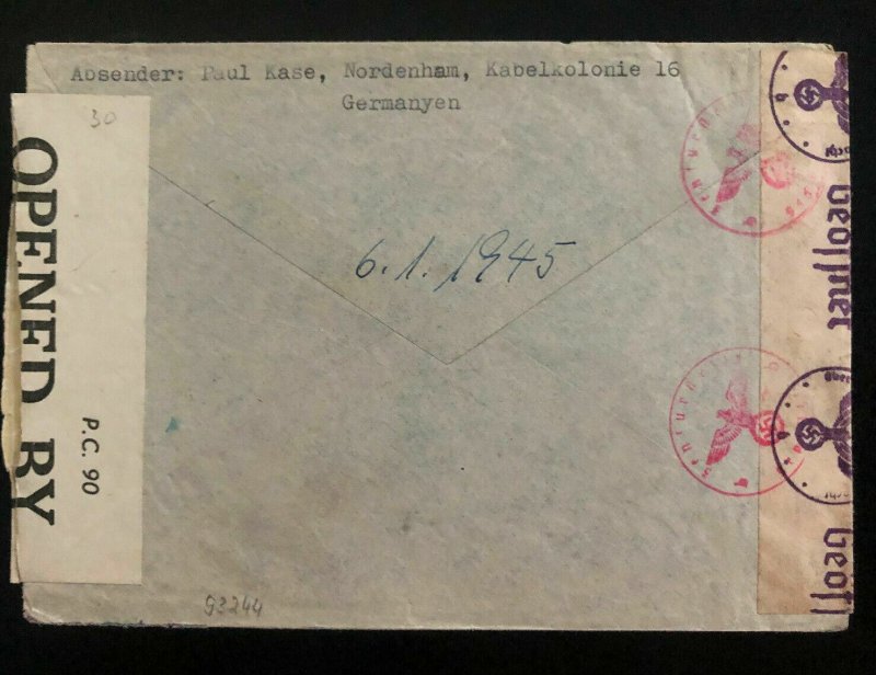 1944 Nordenham Germany Cover To Jamaica Prisoner Of War POW Internment Camp